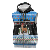 Estonia Christmas Sleeveless Zip Hoodie with Reindeer Gingerbread Snowflakes National Emblem and Winter Forest - Wonder Print Shop