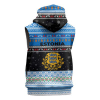 Estonia Christmas Sleeveless Zip Hoodie with Reindeer Gingerbread Snowflakes National Emblem and Winter Forest - Wonder Print Shop