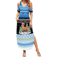Estonia Christmas Summer Maxi Dress with Reindeer Gingerbread Snowflakes National Emblem and Winter Forest - Wonder Print Shop