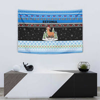 Estonia Christmas Tapestry with Reindeer Gingerbread Snowflakes National Emblem and Winter Forest - Wonder Print Shop