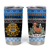 Estonia Christmas Tumbler Cup with Reindeer Gingerbread Snowflakes National Emblem and Winter Forest - Wonder Print Shop