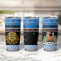 Estonia Christmas Tumbler Cup with Reindeer Gingerbread Snowflakes National Emblem and Winter Forest - Wonder Print Shop