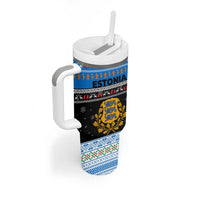 Estonia Christmas Tumbler With Handle with Reindeer Gingerbread Snowflakes National Emblem and Winter Forest - Wonder Print Shop