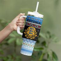 Estonia Christmas Tumbler With Handle with Reindeer Gingerbread Snowflakes National Emblem and Winter Forest - Wonder Print Shop