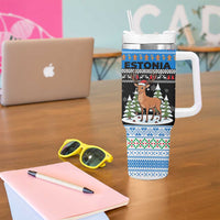 Estonia Christmas Tumbler With Handle with Reindeer Gingerbread Snowflakes National Emblem and Winter Forest - Wonder Print Shop