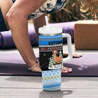 Estonia Christmas Tumbler With Handle with Reindeer Gingerbread Snowflakes National Emblem and Winter Forest - Wonder Print Shop