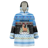 Estonia Christmas Wearable Blanket Hoodie with Reindeer Gingerbread Snowflakes National Emblem and Winter Forest - Wonder Print Shop
