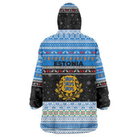 Estonia Christmas Wearable Blanket Hoodie with Reindeer Gingerbread Snowflakes National Emblem and Winter Forest - Wonder Print Shop
