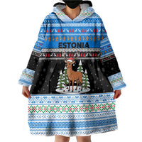 Estonia Christmas Wearable Blanket Hoodie with Reindeer Gingerbread Snowflakes National Emblem and Winter Forest - Wonder Print Shop