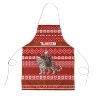 Tajikistan Christmas Apron with Santa Riding Snow Leopard National Emblem and Red Holiday Pattern - Wonder Print Shop
