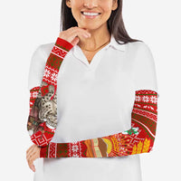 Tajikistan Christmas Arm Sleeves with Santa Riding Snow Leopard National Emblem and Red Holiday Pattern - Wonder Print Shop