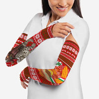 Tajikistan Christmas Arm Sleeves with Santa Riding Snow Leopard National Emblem and Red Holiday Pattern - Wonder Print Shop