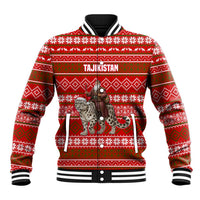 Tajikistan Christmas Baseball Jacket with Santa Riding Snow Leopard National Emblem and Red Holiday Pattern - Wonder Print Shop
