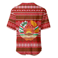 Tajikistan Christmas Baseball Jersey with Santa Riding Snow Leopard National Emblem and Red Holiday Pattern - Wonder Print Shop