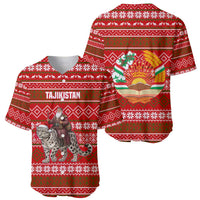 Tajikistan Christmas Baseball Jersey with Santa Riding Snow Leopard National Emblem and Red Holiday Pattern - Wonder Print Shop