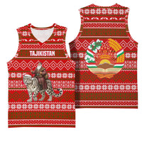 Tajikistan Christmas Basketball Jersey with Santa Riding Snow Leopard National Emblem and Red Holiday Pattern - Wonder Print Shop