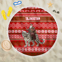 Tajikistan Christmas Beach Blanket with Santa Riding Snow Leopard National Emblem and Red Holiday Pattern - Wonder Print Shop
