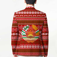 Tajikistan Christmas Blazer with Santa Riding Snow Leopard National Emblem and Red Holiday Pattern - Wonder Print Shop