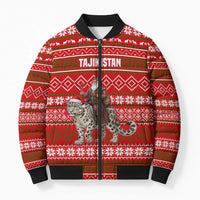 Tajikistan Christmas Bomber Puffer Jacket with Santa Riding Snow Leopard National Emblem and Red Holiday Pattern - Wonder Print Shop