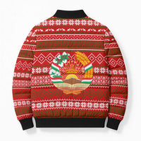 Tajikistan Christmas Bomber Puffer Jacket with Santa Riding Snow Leopard National Emblem and Red Holiday Pattern - Wonder Print Shop