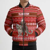 Tajikistan Christmas Bomber Puffer Jacket with Santa Riding Snow Leopard National Emblem and Red Holiday Pattern - Wonder Print Shop