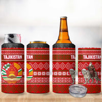 Tajikistan Christmas 4 in 1 Can Cooler Tumbler with Santa Riding Snow Leopard National Emblem and Red Holiday Pattern - Wonder Print Shop
