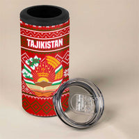 Tajikistan Christmas 4 in 1 Can Cooler Tumbler with Santa Riding Snow Leopard National Emblem and Red Holiday Pattern - Wonder Print Shop