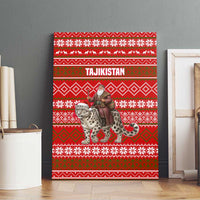 Tajikistan Christmas Canvas Wall Art with Santa Riding Snow Leopard National Emblem and Red Holiday Pattern - Wonder Print Shop