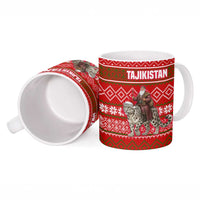 Tajikistan Christmas Ceramic Mug with Santa Riding Snow Leopard National Emblem and Red Holiday Pattern - Wonder Print Shop
