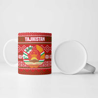 Tajikistan Christmas Ceramic Mug with Santa Riding Snow Leopard National Emblem and Red Holiday Pattern - Wonder Print Shop