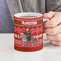 Tajikistan Christmas Ceramic Mug with Santa Riding Snow Leopard National Emblem and Red Holiday Pattern - Wonder Print Shop