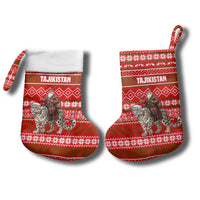 Tajikistan Christmas Stocking with Santa Riding Snow Leopard National Emblem and Red Holiday Pattern - Wonder Print Shop