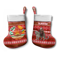 Tajikistan Christmas Stocking with Santa Riding Snow Leopard National Emblem and Red Holiday Pattern - Wonder Print Shop