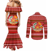 Tajikistan Christmas Couples Matching Mermaid Dress and Long Sleeve Button Shirt with Santa Riding Snow Leopard National Emblem and Red Holiday Pattern - Wonder Print Shop