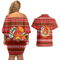 Tajikistan Christmas Couples Matching Off Shoulder Short Dress and Hawaiian Shirt with Santa Riding Snow Leopard National Emblem and Red Holiday Pattern - Wonder Print Shop