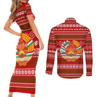 Tajikistan Christmas Couples Matching Short Sleeve Bodycon Dress and Long Sleeve Button Shirt with Santa Riding Snow Leopard National Emblem and Red Holiday Pattern - Wonder Print Shop