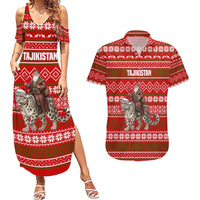 Tajikistan Christmas Couples Matching Summer Maxi Dress and Hawaiian Shirt with Santa Riding Snow Leopard National Emblem and Red Holiday Pattern - Wonder Print Shop