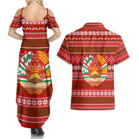 Tajikistan Christmas Couples Matching Summer Maxi Dress and Hawaiian Shirt with Santa Riding Snow Leopard National Emblem and Red Holiday Pattern - Wonder Print Shop