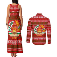 Tajikistan Christmas Couples Matching Tank Maxi Dress and Long Sleeve Button Shirt with Santa Riding Snow Leopard National Emblem and Red Holiday Pattern - Wonder Print Shop