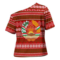Tajikistan Christmas Cross Shoulder Shirt with Santa Riding Snow Leopard National Emblem and Red Holiday Pattern - Wonder Print Shop
