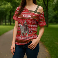 Tajikistan Christmas Cross Shoulder Shirt with Santa Riding Snow Leopard National Emblem and Red Holiday Pattern - Wonder Print Shop