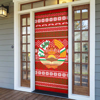 Tajikistan Christmas Door Cover with Santa Riding Snow Leopard National Emblem and Red Holiday Pattern - Wonder Print Shop
