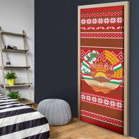 Tajikistan Christmas Door Cover with Santa Riding Snow Leopard National Emblem and Red Holiday Pattern - Wonder Print Shop