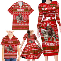 Tajikistan Christmas Family Matching Long Sleeve Bodycon Dress and Hawaiian Shirt with Santa Riding Snow Leopard National Emblem and Red Holiday Pattern - Wonder Print Shop