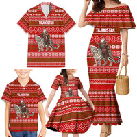 Tajikistan Christmas Family Matching Mermaid Dress and Hawaiian Shirt with Santa Riding Snow Leopard National Emblem and Red Holiday Pattern - Wonder Print Shop