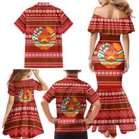 Tajikistan Christmas Family Matching Mermaid Dress and Hawaiian Shirt with Santa Riding Snow Leopard National Emblem and Red Holiday Pattern - Wonder Print Shop