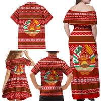 Tajikistan Christmas Family Matching Off Shoulder Maxi Dress and Hawaiian Shirt with Santa Riding Snow Leopard National Emblem and Red Holiday Pattern - Wonder Print Shop