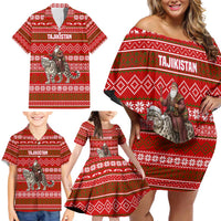 Tajikistan Christmas Family Matching Off Shoulder Short Dress and Hawaiian Shirt with Santa Riding Snow Leopard National Emblem and Red Holiday Pattern - Wonder Print Shop