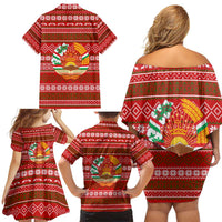 Tajikistan Christmas Family Matching Off Shoulder Short Dress and Hawaiian Shirt with Santa Riding Snow Leopard National Emblem and Red Holiday Pattern - Wonder Print Shop