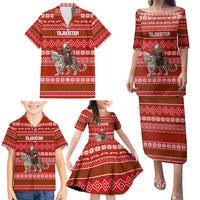 Tajikistan Christmas Family Matching Puletasi and Hawaiian Shirt with Santa Riding Snow Leopard National Emblem and Red Holiday Pattern - Wonder Print Shop